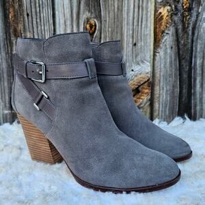 Gray Ankle Boots Cole Haan Minna Size 10.5 Heeled Bootie Suede Leather Buckles